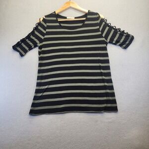 Retrology Striped Cold Shoulder Top Olive Green Black Lattice Lace Up Sleeve M